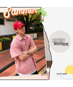 Áo Sơ Mi Tay Ngắn Unisex Màu Hồng Form Rộng Phong Cách Hàn Quốc